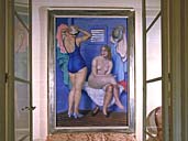 1er étage. Couloir des toilettes. Tableau des femmes au bain. Signé en bas à droite: V. Santaolaris (?). Vue prise des lavabos.