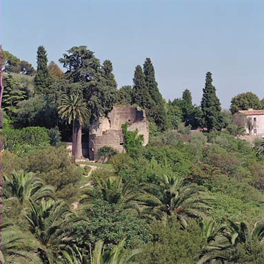 Vue d'ensemble du château d'eau aménagé en fausse ruine situé au nord-est de la parcelle, depuis l'ouest.