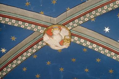 Chapelle, clé de voûte avec l'aigle de saint Jean, vue de volume.