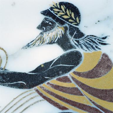 Détail de la partie centrale du linteau de la cheminée dans l'ancienne bibliothèque.