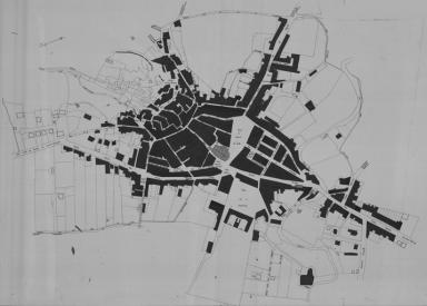 Etat du bti et forme parcellaire au XVIIe, sur fond cadastral de 1954