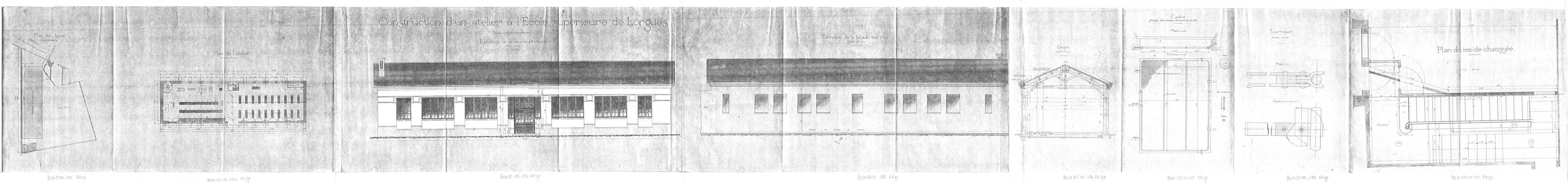 Construction d'un atelier - Dessins - Plan des lieux, plan de l'atelier, lvations de la faade principale et de la faade sur rue, coupe; Dtails : cadre grillag des croises donnant sur rue, tourniquet, escalier du rez-de-chausse