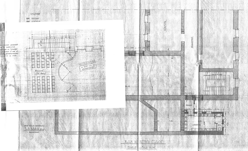 Projet de foyer de campagne et cration de dortoirs annexes  l'cole : plan du 1er tage et modification demande par la commission sanitaire