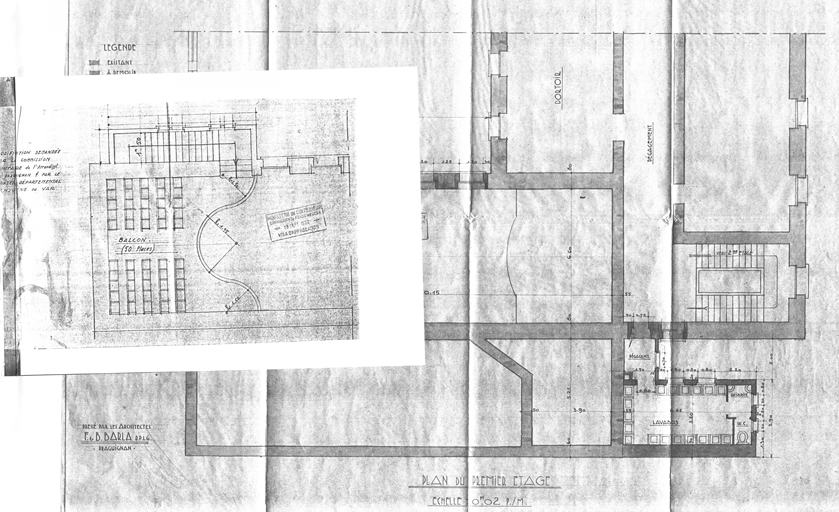 Projet de foyer de campagne et cration de dortoirs annexes  l'cole : plan du 1er tage et modification demande par la commission sanitaire