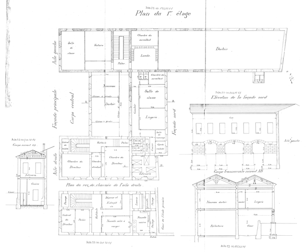 Travaux d'agrandissement de l'cole primaire suprieure : plans du RDC et du 1er tage, coupes AB et CD et lvation de la faade nord