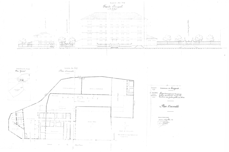 Projet d'amnagement d'un groupe scolaire dans l'ancien couvent des Ursulines : plan d'ensemble et faade principale sur le boulevard