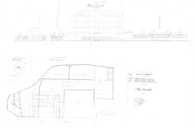 Projet d'amnagement d'un groupe scolaire dans l'ancien couvent des Ursulines : plan d'ensemble et faade principale sur le boulevard