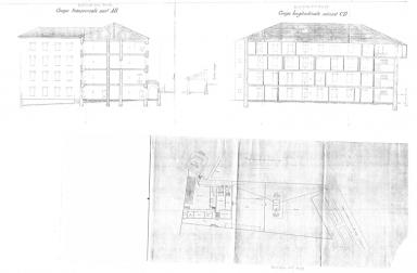 Plan gnral de l'cole ; coupe transversale AB et coupe longitudinale CD