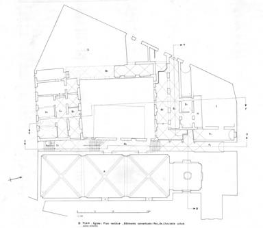 Plan : Eglise plan restituél + Bâtiments conventuels rez-de-chaussée actuel.