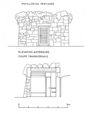 pavillon du vestiaire, lvation antrieure et coupe transversale