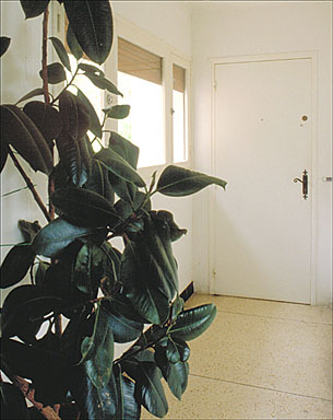 Vue intérieure Porte d'entrée d'un appartement située au fond de la coursière desservant l'aile est. Détail..