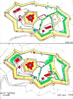Plan : reconstitution de l'état au 18e siècle. Plan : état actuel.