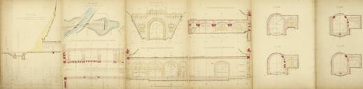 Chemin de fer du sud de la France [...] /  Construction / Ligne de Saint-Andr  Nice / Partie comprise entre Manda et Nice / Tunnel du Bellet / Galerie vote de 20 m de longueur avec tte fortifie / Plans, Coupes, et dtails.