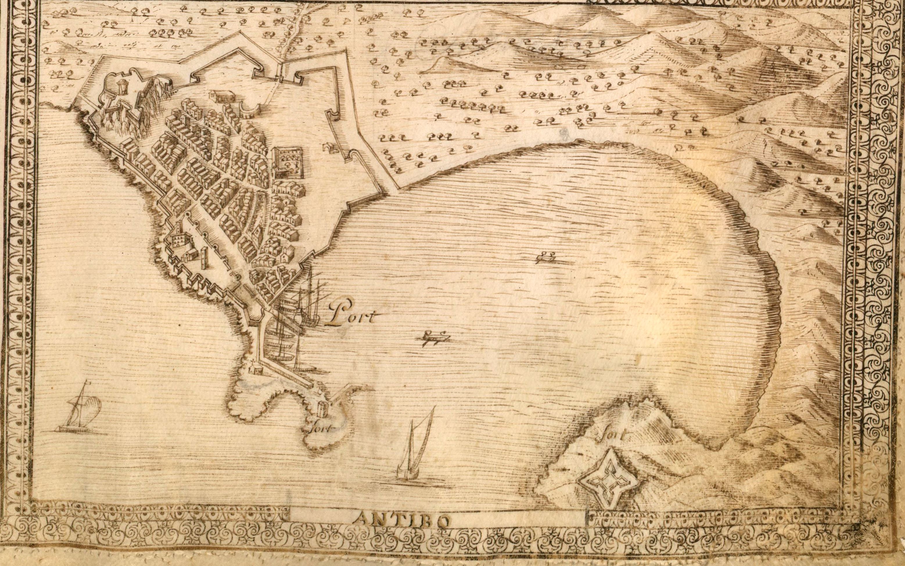 Antibo. [Vue perspective du port d'Antibes vers 1630].
