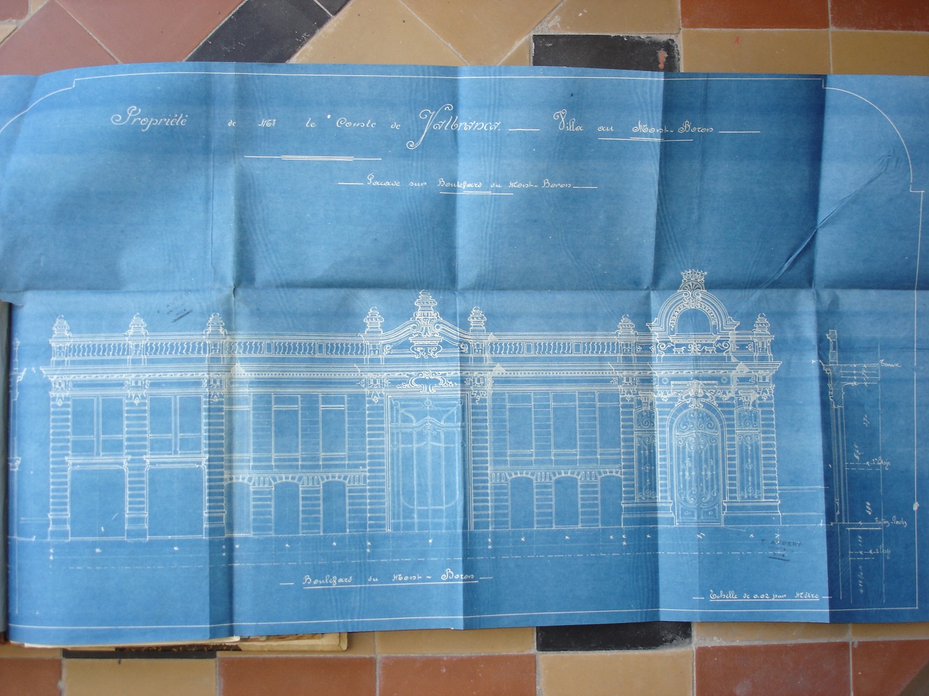 Plan d'architecte, faade sur boulevard du Mont-Boron, palais Miramar, 1911.@Plan d'architecte, faade sur boulevard du Mont-Boron, palais Miramar, 1911.