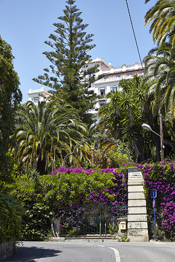 Vue de situation de l'htel et de ses jardins depuis l'avenue.