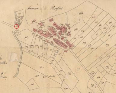 Plan de situation sur fond cadastral, avant construction du lavoir, Saint Julien le Montagnier, 1823