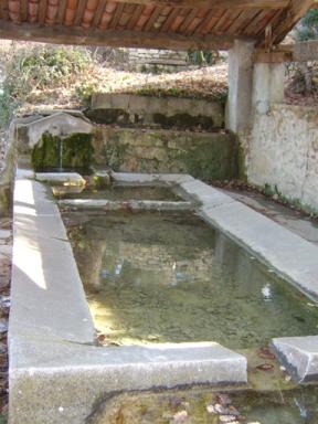 Vue du bassin et des plans de lavage de la fontaine-lavoir du Fond Icard, Saint Julien le Montagnier.