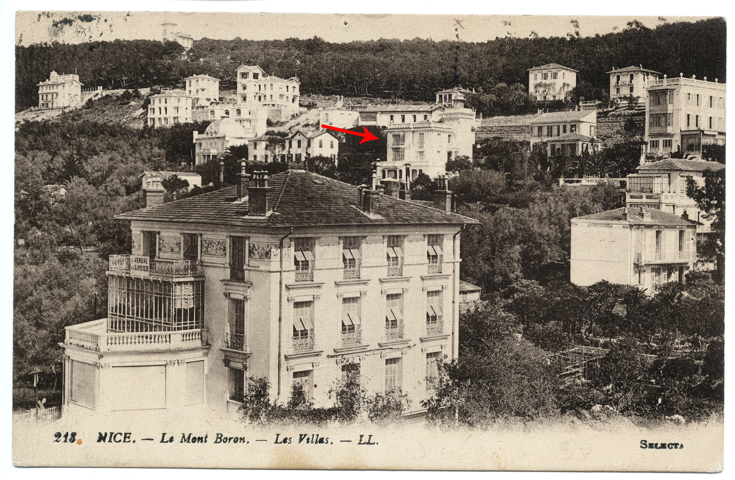 Carte postale des Villas du Mont-Boron 1917 (?) Localisation de la villa Gergovia.