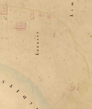 Plan du domaine Vigier et de son environnement proche en 1872, extrait de la section E du cadastre de 1872 de la ville de Nice, A.M de Nice@Plan masse d'après le plan cadastral de Nice, 1871.