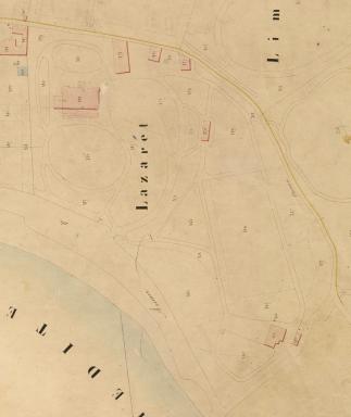 Plan du domaine Vigier et de son environnement proche en 1872, extrait de la section E du cadastre de 1872 de la ville de Nice, A.M de Nice@Plan masse d'aprs le plan cadastral de Nice, 1871.