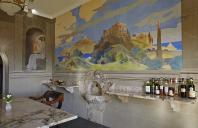 La salle  manger. Mur est. Peinture murale, fontaine et tagres en marbre.