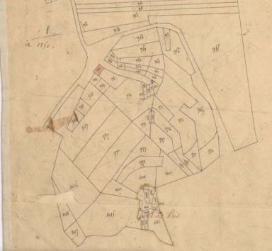 Plan de masse et de situation d'aprs le plan cadastral de Saint-Julien-le-Montagnier, section B, feuille n2, 1/5000, 1823.