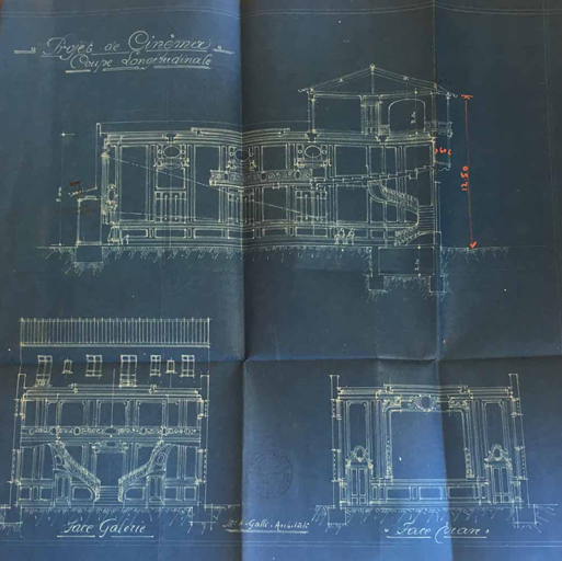 Cinma Le central. Demande de permis de construire, Albert Galli architecte, 1922, coupes transversales et longitudinale (cote 2T 330 392)
