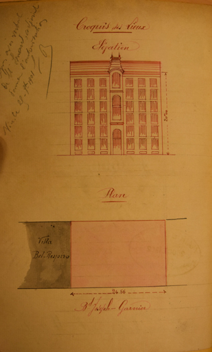 Demande de permis de construire, octobre 1902, Annibal Carlo architecte, plan-masse et lvation sur boulevard (cote 2T190 975).
