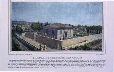Le Temple et le cimetière des Anglais par Paul-Emile Barberi en 1834.@Le premier lieu de culte anglican, édifié en 1820, avec l'aspect d'une villa.