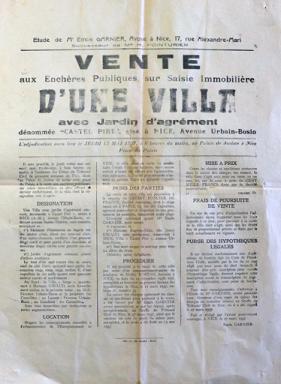 Affiche annonant l'adjudication du Castel Pir le 13 mai 1937.@Affiche annonant l'adjudication du Castel Pir le 13 mai 1937.