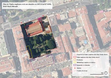 Plan de l’Eglise anglicane et de son cimetière en 2019 (Cad KT 0209), DAO Marie Hérault.@Plan de l’Eglise anglicane et de son cimetière en 2019 (Cad KT 0209), DAO Marie Hérault.@Vue aérienne de l'ensemble cultuel. Le presbytère est surligné en orange.