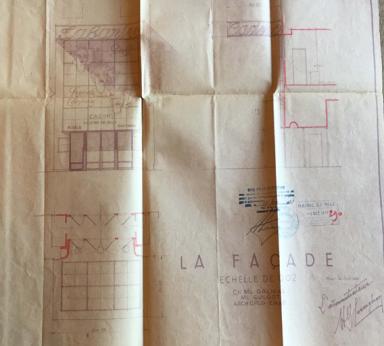Projet d'une nouvelle façade pour le théâtre Variétés - casino Tabarin, charles et Marcel Dalmas, Marcel Guilgot, 1938 (cote 2T 874 44). La façade demeurera la même pour la transformation en cinéma de plein exercice en 1942.