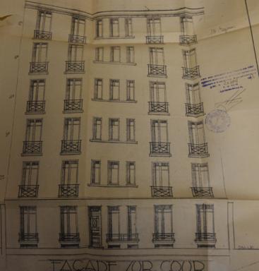 Cinéma Rex, demande de permis de construire, Louis Bivel architecte, mars 1933 (cote 2T716 203). Façade de l'immeuble sur cour construit sur la salle de cinéma.