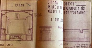 Cinéma Odéon, demande de permis de construire, A. Fabre architecte, septembre 1941 (cote 2T951 209), élévations de l'écran, de l'entrée sur l'avenue de la République et du couloir d'accès