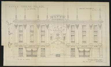 Cinéma Paris Palace. Demande de permis de construire. Charles Bellon et Charles Bernard architectes, avril 1920 (permis 2T312 120), élévation de la façade sur la rue de Paris.