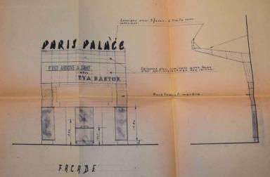 Cinéma Paris Palace. Demande de permis de construire pour modifier le cinéma. Georges Peynet architecte, avril 1959 (permis 578 W 91). Elévation de l'entrée sur l'avenue Jean-Médecin.