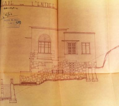 Demande de permis de construire, juillet 1939, Louis Heitzler architecte, élévation de la façade antérieure avec accès à la porte d'entrée (cote 2T921 292).