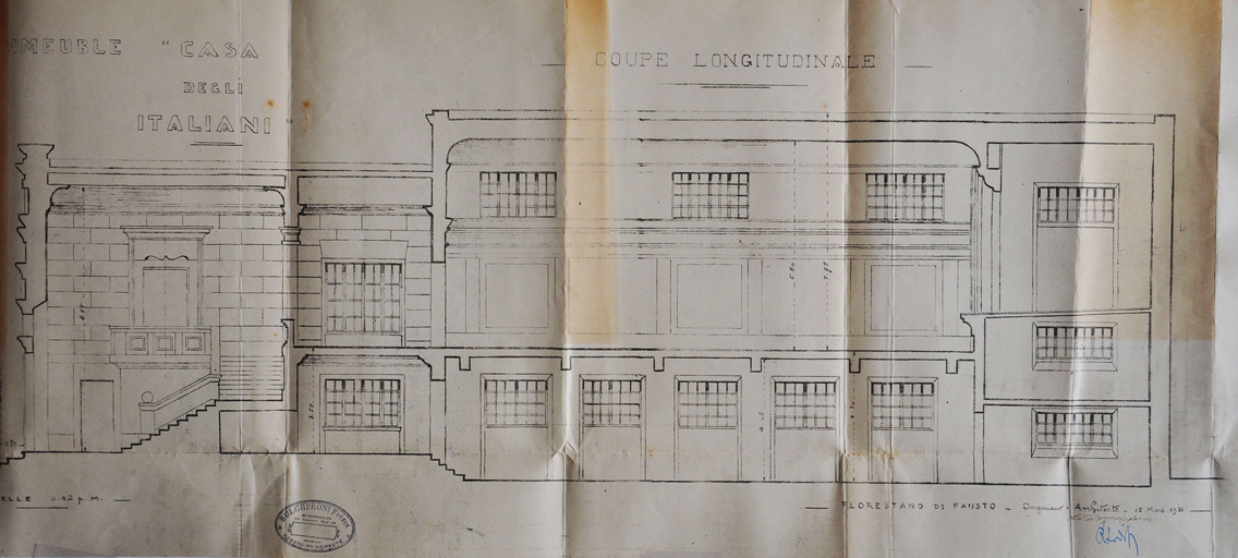 Demande de permis de construire, mars 1931, Florestano di Fausto architecte, coupe longitudinale (cote 2T655 685). A gauche le foyer, au centre au 1er tage le thtre.