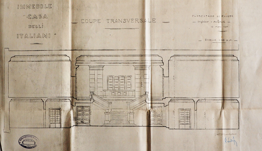 Demande de permis de construire, mars 1931, Florestano di Fausto architecte, coupe transversale du foyer (cote 2T655 685).