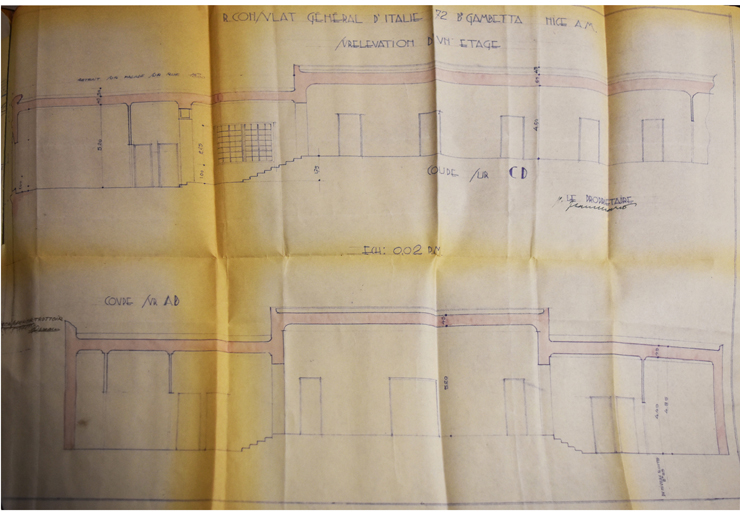 Demande de permis de construire, 1933, Jules Carrano architecte, coupe longitudinale (cote 2T705 40).
