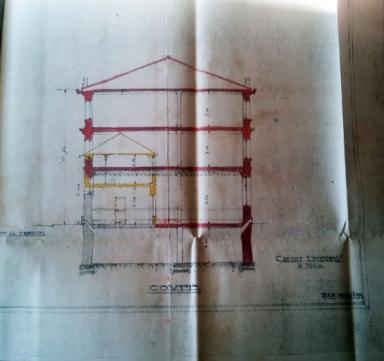 Demande de permis de construire, Félix Biasini architecte, août 1927, coupe avec bâtiment existant (cote 2T491 550).