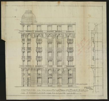 Projet d'immeuble non ralis, Georges Dikansky architecte, 1927, lvation de la faade sur la Promenade des Anglais (cote 2T479 207).