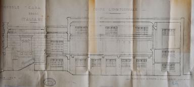 Demande de permis de construire, mars 1931, Florestano di Fausto architecte, coupe longitudinale (cote 2T655 685). A gauche le foyer, au centre au 1er étage le théâtre.