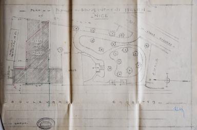 Demande de permis de construire, mars 1931, Florestano di Fausto architecte, plan de la propriété (cote 2T655 685).@Plan de la propriété en 1931.