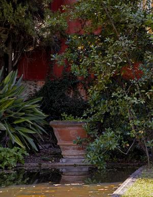 Le pot  plantes et le grand bassin qui ont t rprsents sur l'un des tableaux en trompe-l'oeil.@Pot  plante du bassin infrieur (vue d'ensemble).