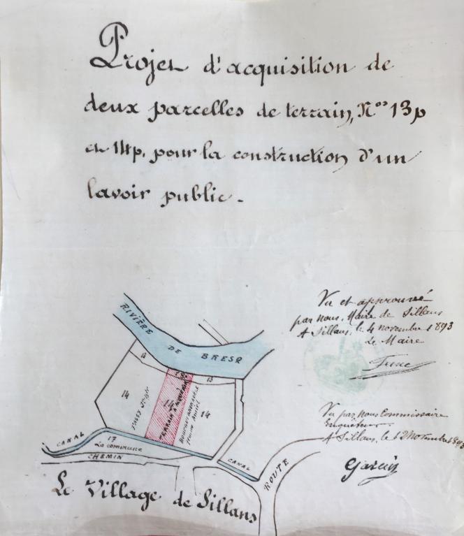 Plan parcellaire. Projet dacquisition de deux parcelles de terrain n13 et 14 pour la construction dun lavoir public, Sillans-la-Cascade, 1893