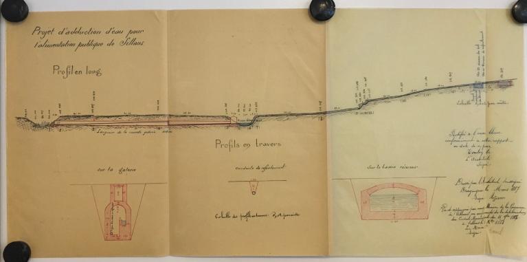 Adduction d'eau. Profil en long et en travers de la conduite d'amene, Sillans-la-Cascade, 1887