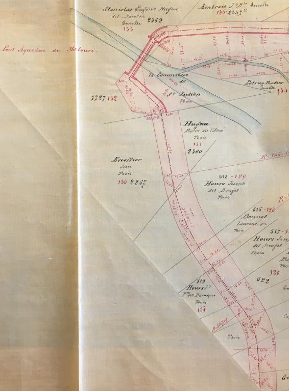 Plan parcellaire des surfaces  acqurir dans la commune de Saint-Julien pour la traverse du canal du Verdon (dtail sur le pont), 1867