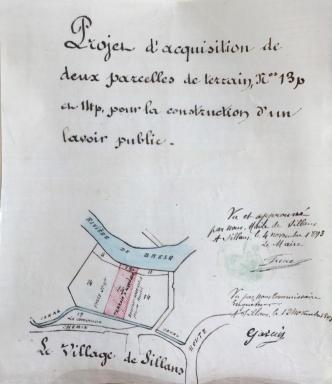 Plan parcellaire. Projet d’acquisition de deux parcelles de terrain n°13 et 14 pour la construction d’un lavoir public, Sillans-la-Cascade, 1893